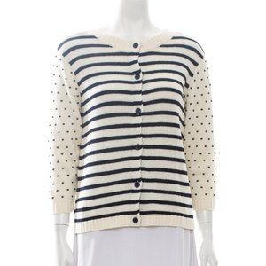 Navy and Cream Stripe & Dot Weekend Max Mara Crewneck Cardigan Sweater
